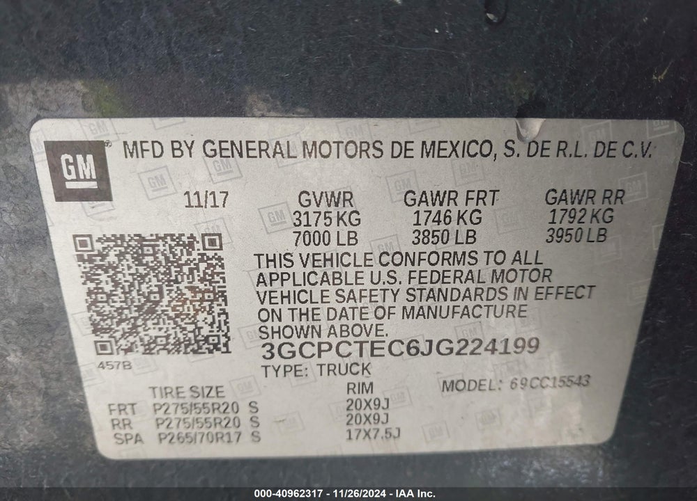 2018 CHEVROLET SILVERADO 1500 HIGH COUNTRY VIN: 3GCPCTEC6JG224199