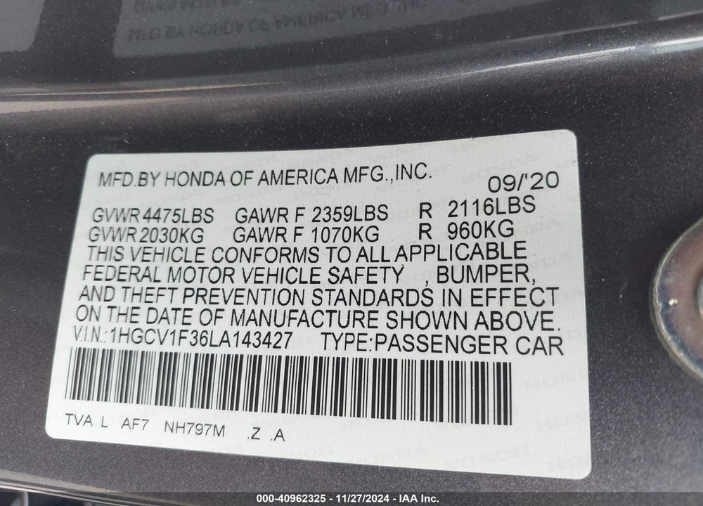 2020 HONDA ACCORD VIN: 1HGCV1F36LA143427