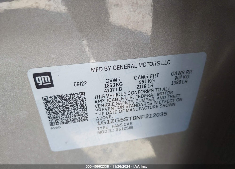 2022 CHEVROLET MALIBU VIN: 1G1ZG5ST8NF212035