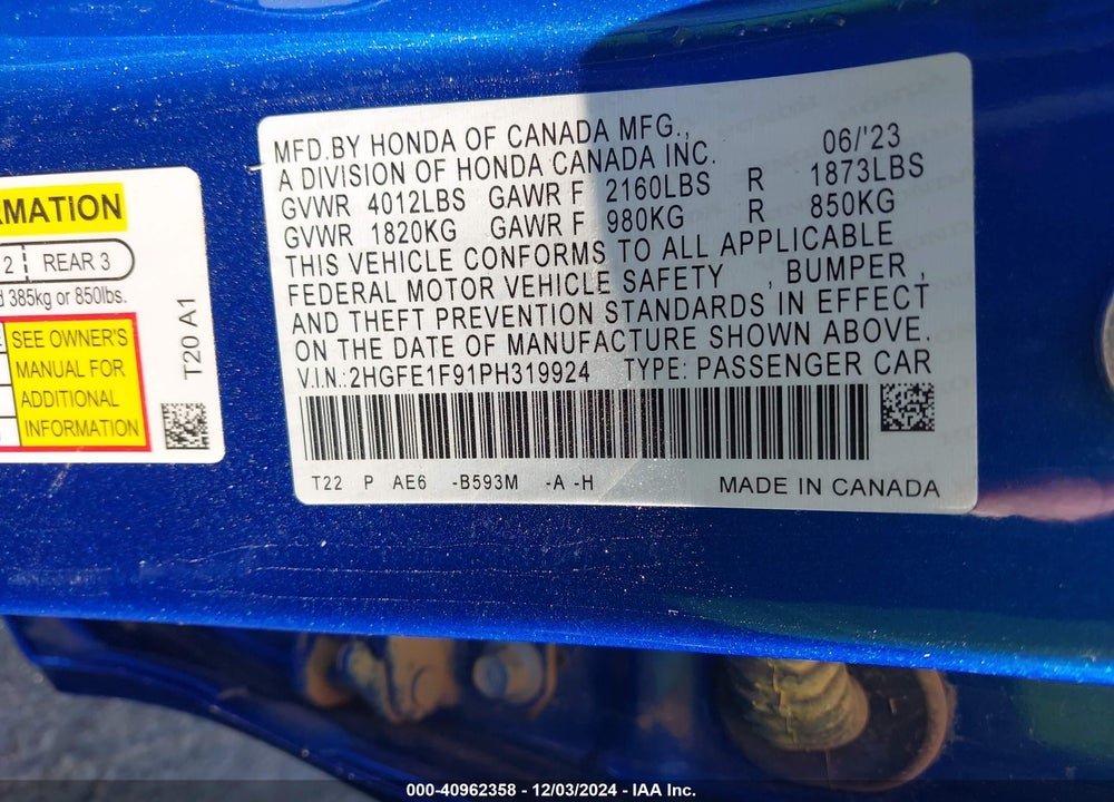 2023 HONDA CIVIC VIN: 2HGFE1F91PH319924