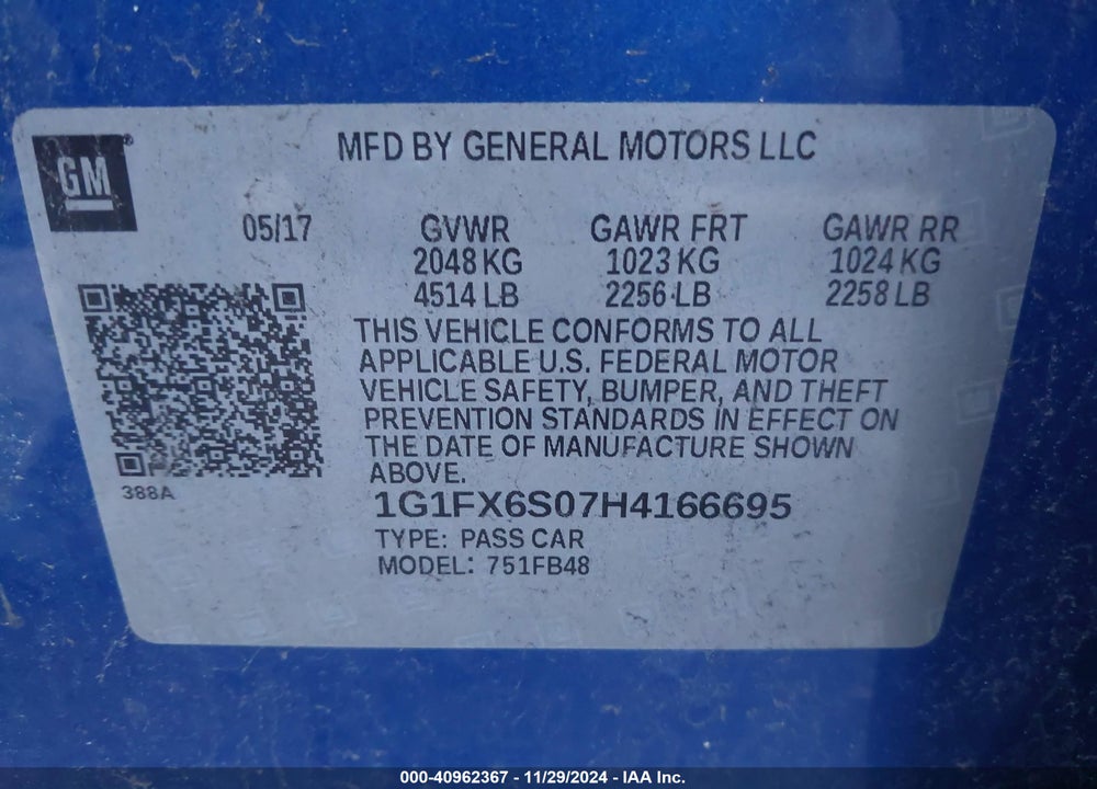 2017 CHEVROLET BOLT EV PREMIER VIN: 1G1FX6S07H4166695