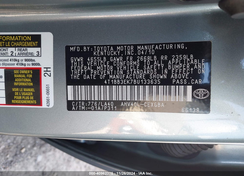 2011 TOYOTA CAMRY HYBRID VIN: 4T1BB3EK7BU133635
