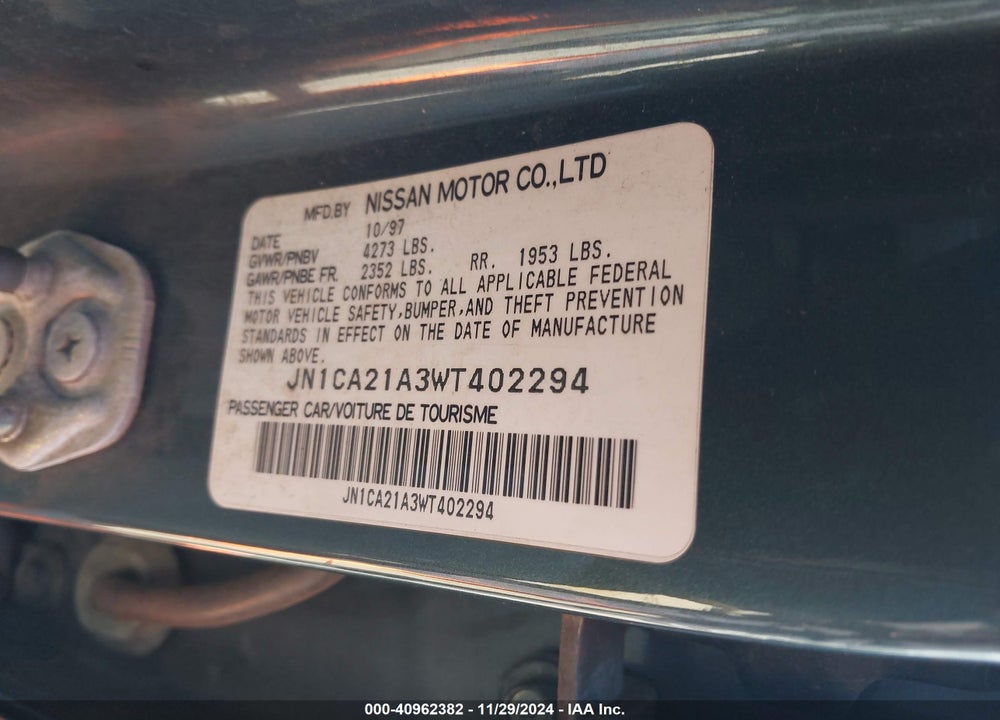 1998 NISSAN MAXIMA GLE/GXE/SE VIN: JN1CA21A3WT402294