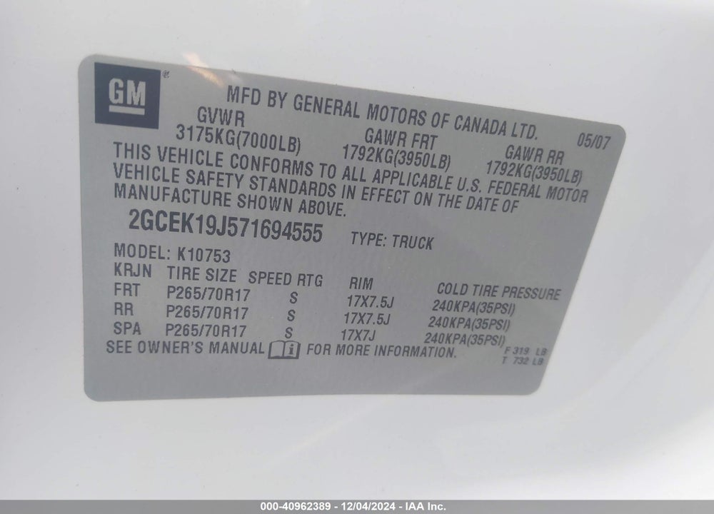 2007 CHEVROLET SILVERADO 1500 LTZ VIN: 2GCEK19J571694555