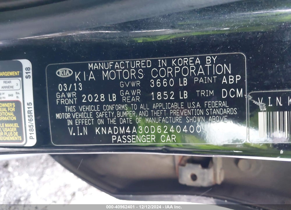 2013 KIA RIO LX VIN: KNADM4A30D6240400
