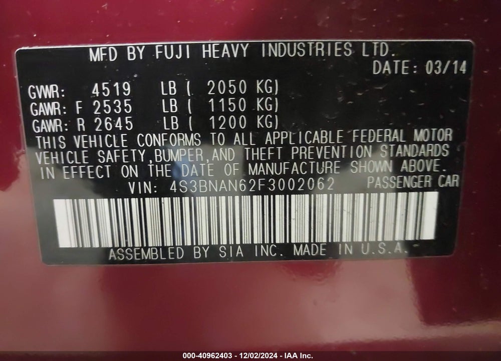 2015 SUBARU LEGACY 2.5I LIMITED VIN: 4S3BNAN62F3002062