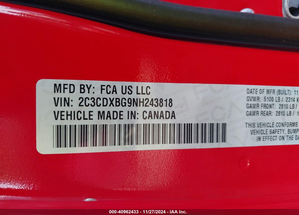 2022 DODGE CHARGER SXT RWD VIN: 2C3CDXBG9NH243818