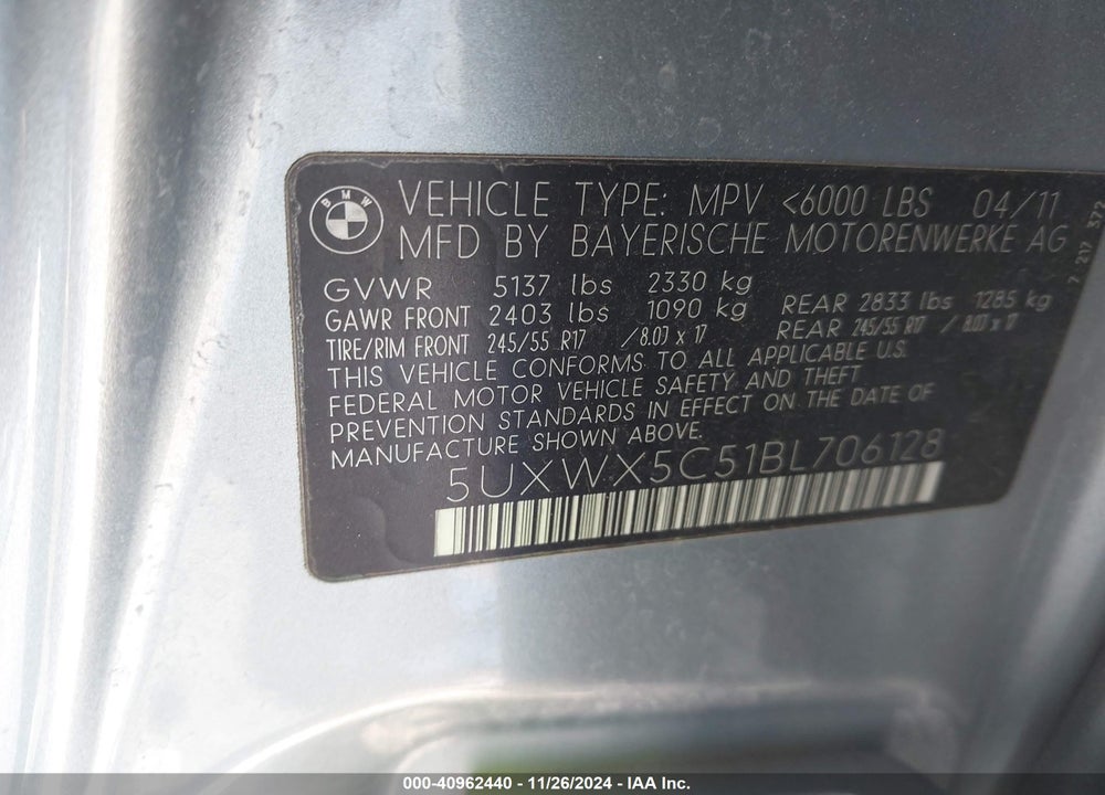 2011 BMW X3 XDRIVE28I VIN: 5UXWX5C51BL706128