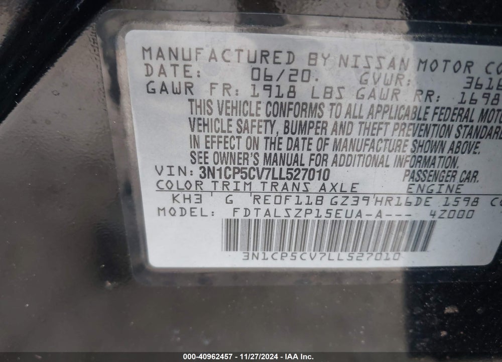 2020 NISSAN KICKS SV XTRONIC CVT VIN: 3N1CP5CV7LL527010