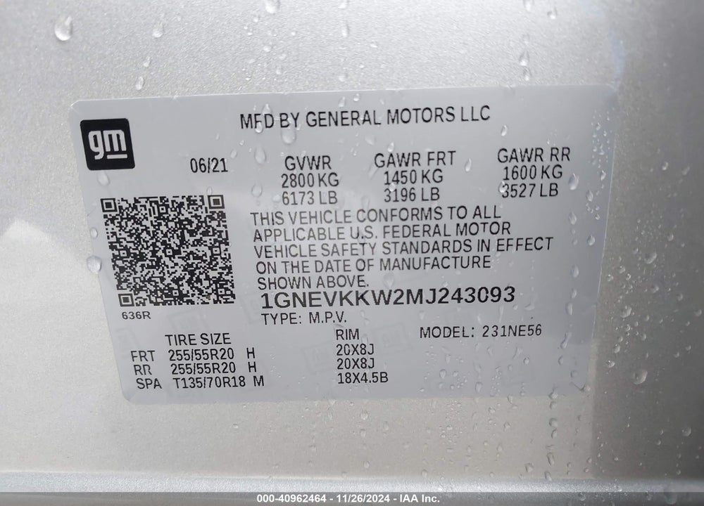 2021 CHEVROLET TRAVERSE AWD PREMIER VIN: 1GNEVKKW2MJ243093