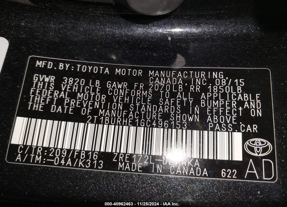 2016 TOYOTA COROLLA LE VIN: 2T1BURHE1GC496153