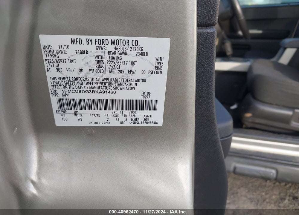 2011 FORD ESCAPE XLT VIN: 1FMCU9DG3BKA91460