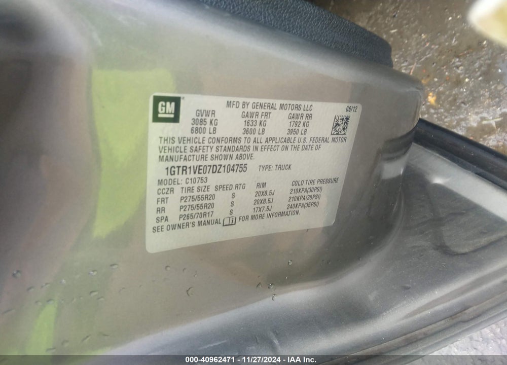 2013 GMC SIERRA 1500 SLE VIN: 1GTR1VE07DZ104755