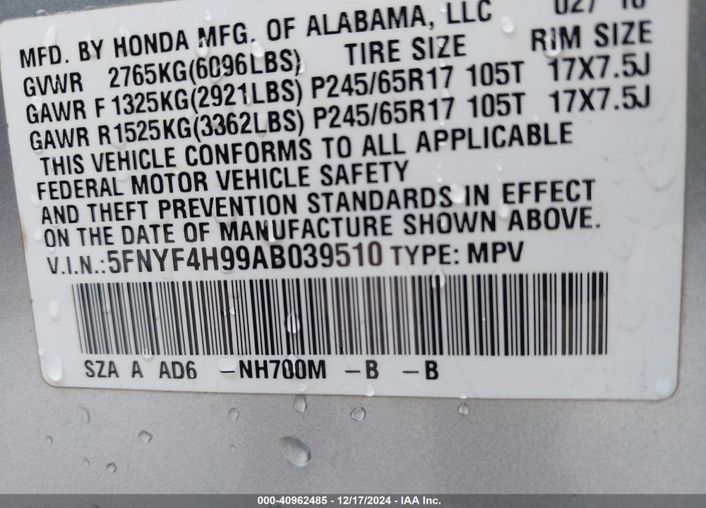 2010 HONDA PILOT TOURING VIN: 5FNYF4H99AB039510