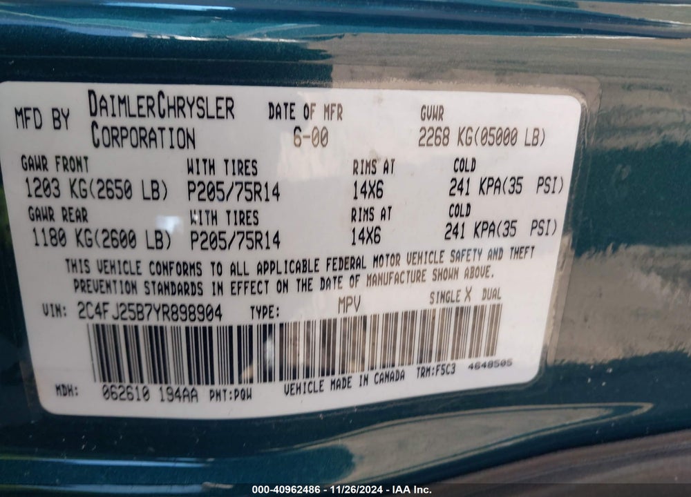 2000 CHRYSLER VOYAGER VIN: 2C4FJ25B7YR898904