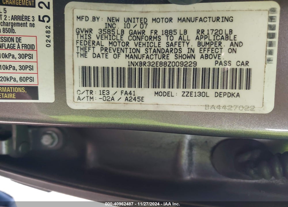 2008 TOYOTA COROLLA CE VIN: 1NXBR32E88Z009229