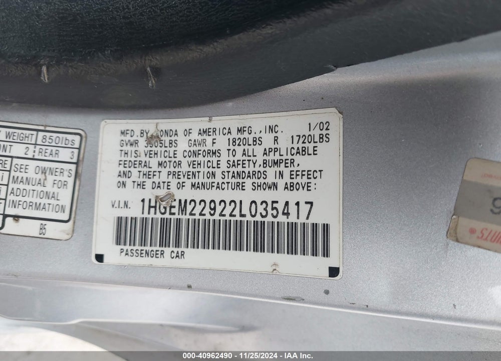 2002 HONDA CIVIC EX VIN: 1HGEM22922L035417