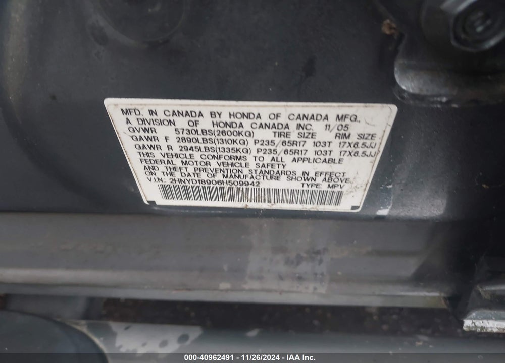 2006 ACURA MDX VIN: 2HNYD18906H509942