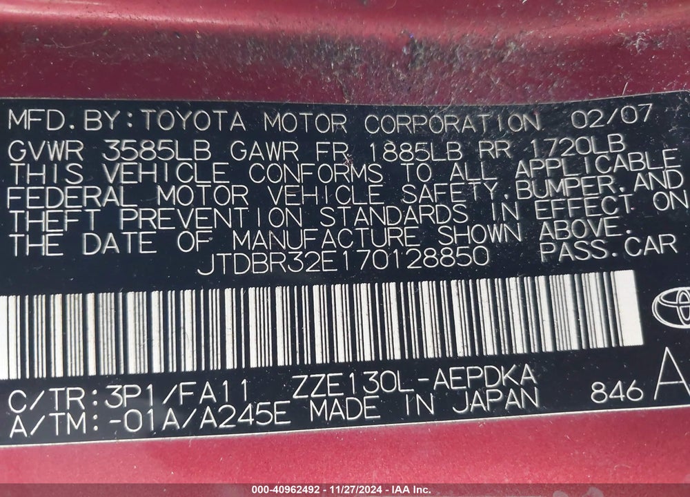 2007 TOYOTA COROLLA CE VIN: JTDBR32E170128850