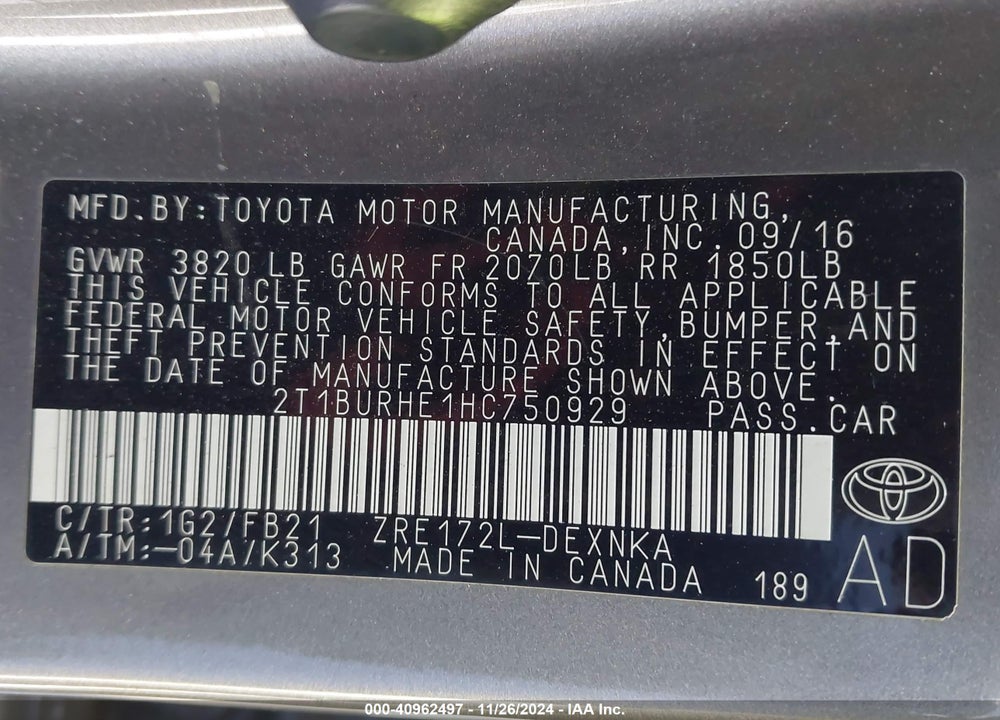 2017 TOYOTA COROLLA LE VIN: 2T1BURHE1HC750929
