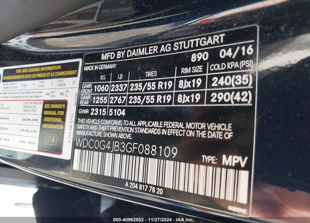 2016 MERCEDES-BENZ GLC 300 VIN: WDC0G4JB3GF088109