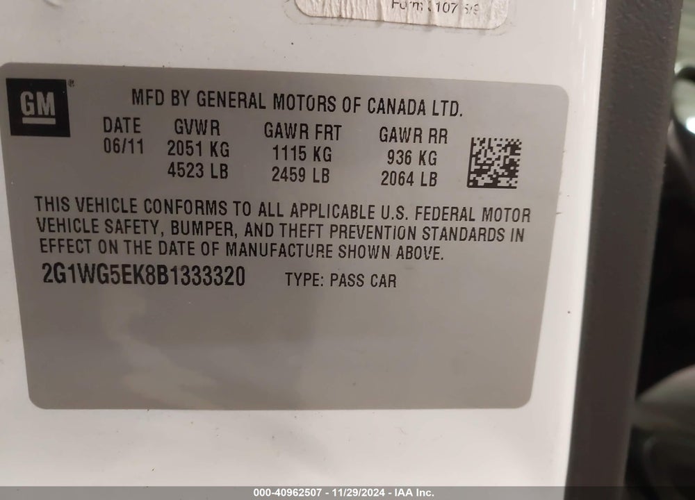 2011 CHEVROLET IMPALA LT VIN: 2G1WG5EK8B1333320