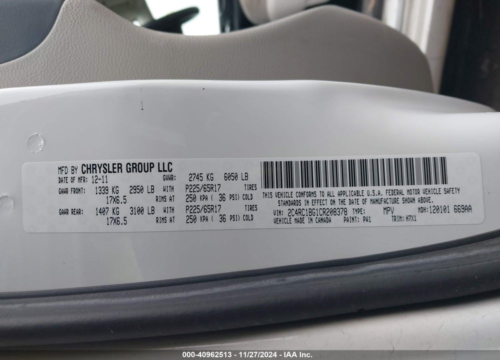 2012 CHRYSLER TOWN & COUNTRY TOURING VIN: 2C4RC1BG1CR208378