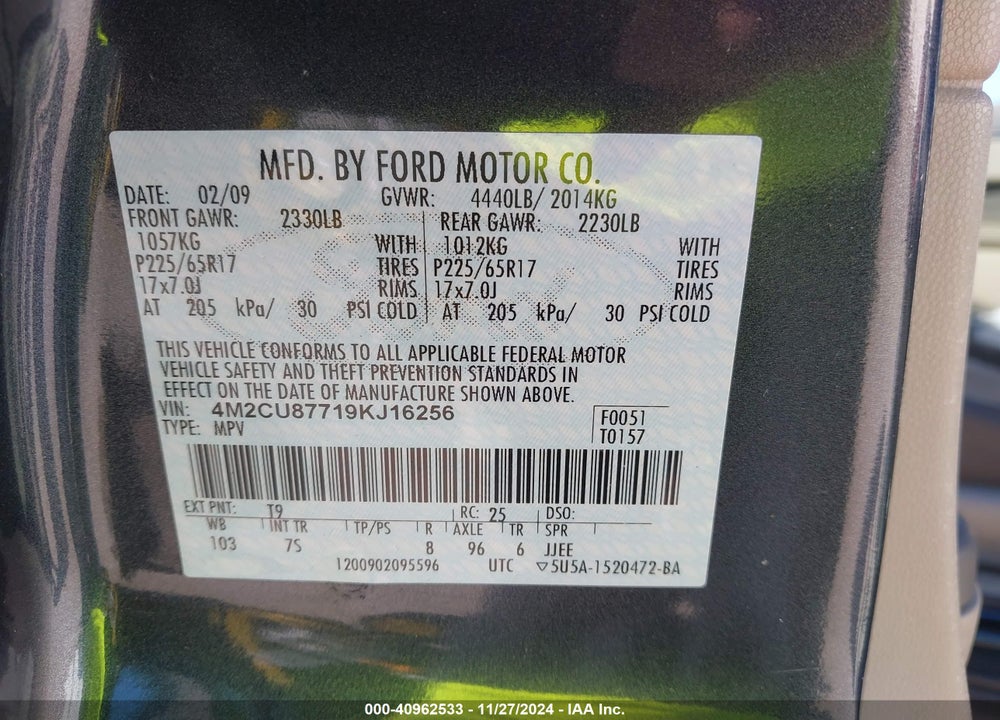 2009 MERCURY MARINER PREMIER VIN: 4M2CU87719KJ16256