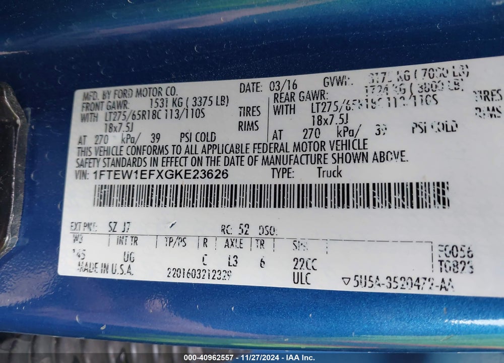2016 FORD F-150 VIN: 1FTEW1EFXGKE23626