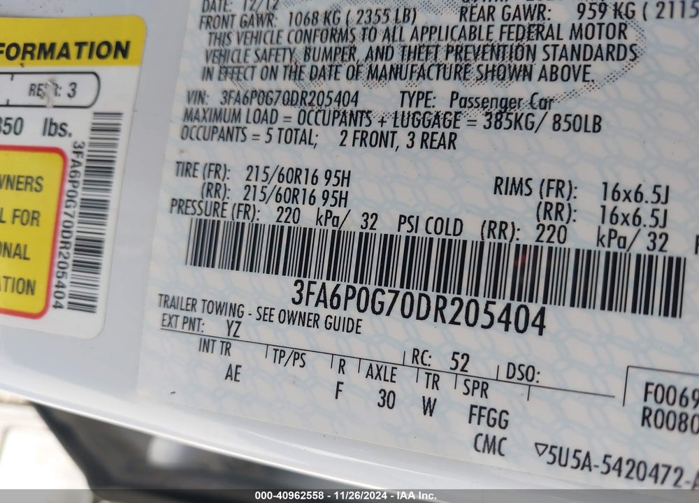 2013 FORD FUSION S VIN: 3FA6P0G70DR205404