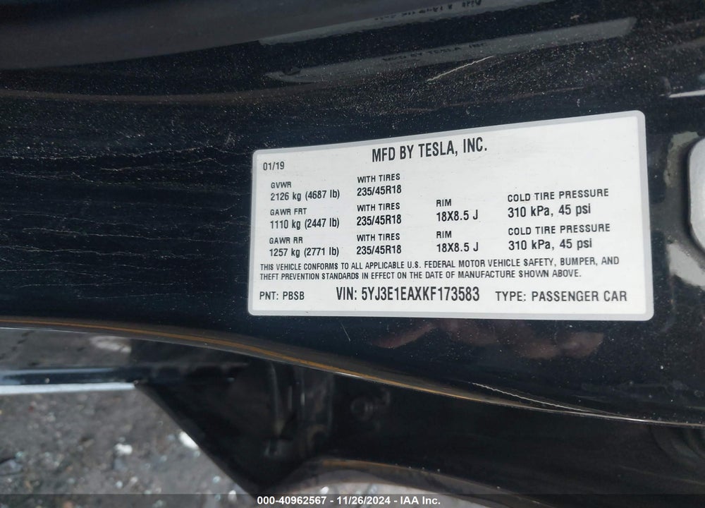 2019 TESLA MODEL 3 LONG RANGE/MID RANGE/STANDARD RANGE/STANDARD RANGE PLUS VIN: 5YJ3E1EAXKF173583