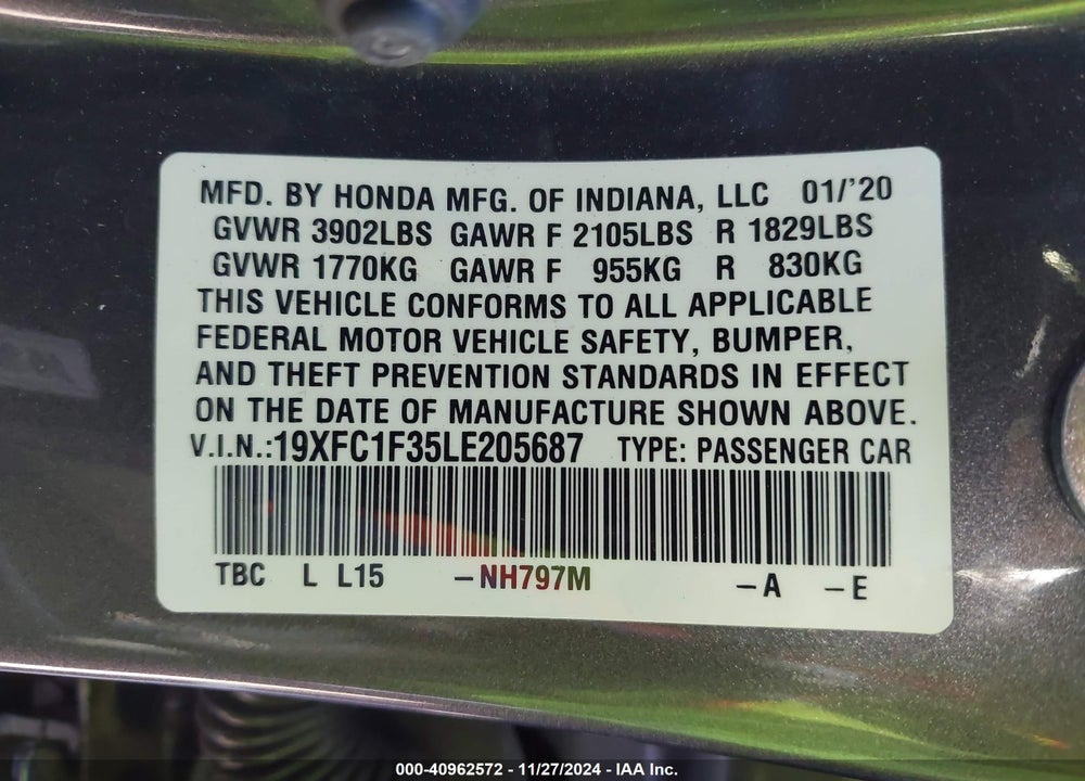 2020 HONDA CIVIC EX VIN: 19XFC1F35LE205687
