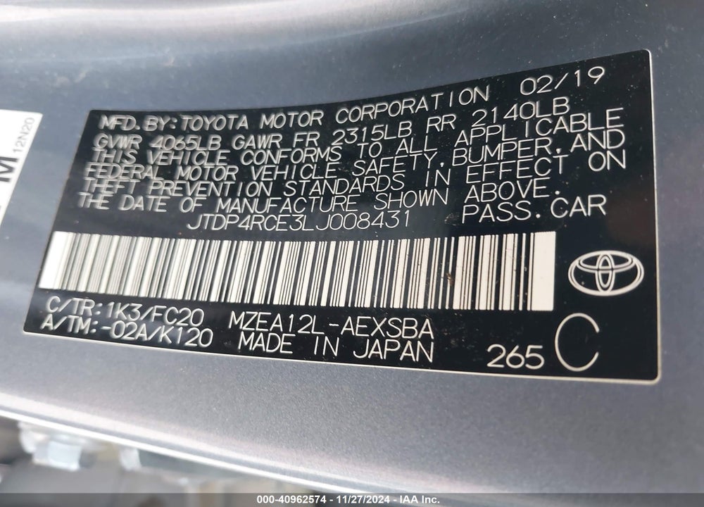 2020 TOYOTA COROLLA SE VIN: JTDP4RCE3LJ008431