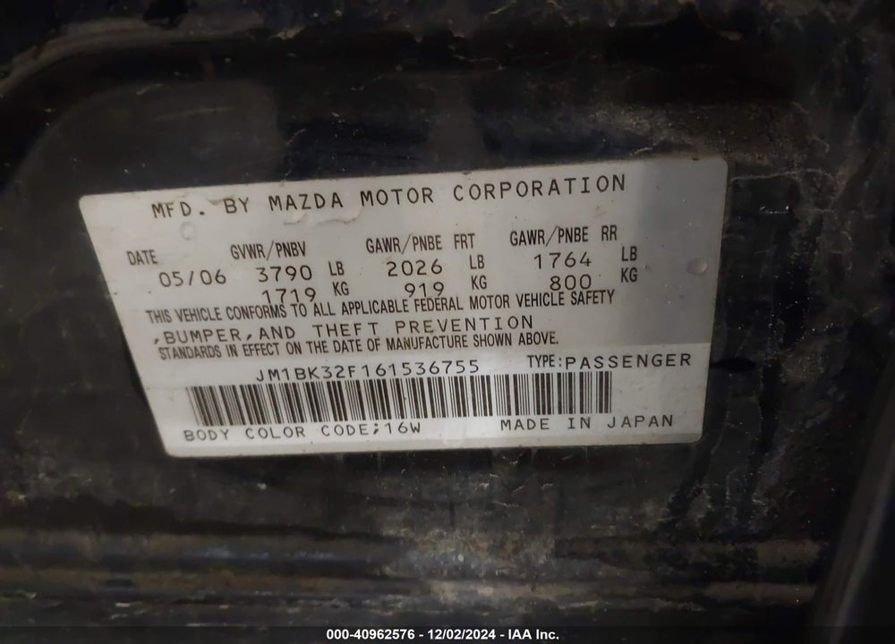 2006 MAZDA 3 I VIN: JM1BK32F161536755