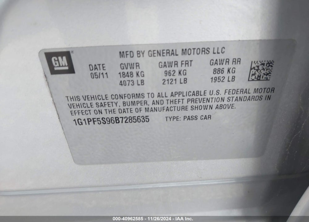 2011 CHEVROLET CRUZE 1LT VIN: 1G1PF5S96B7285635