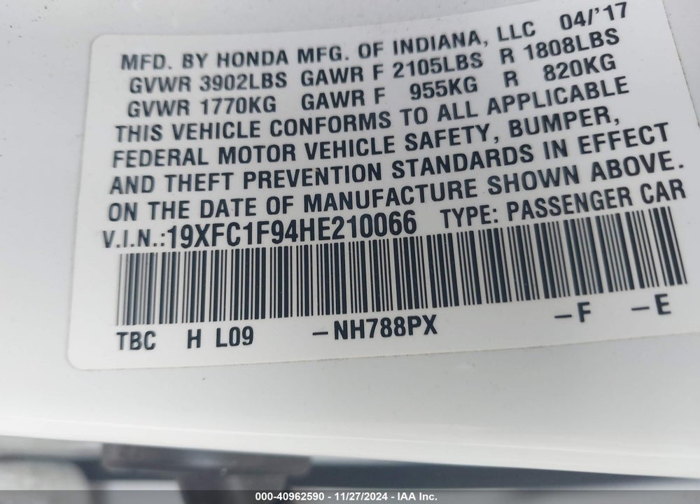 2017 HONDA CIVIC TOURING VIN: 19XFC1F94HE210066