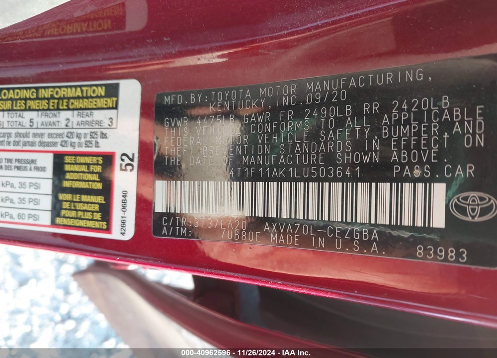 2020 TOYOTA CAMRY XLE VIN: 4T1F11AK1LU503641