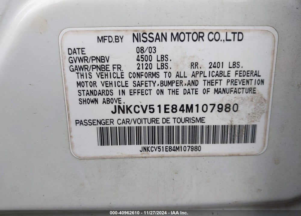 2004 INFINITI G35 VIN: JNKCV51E84M107980