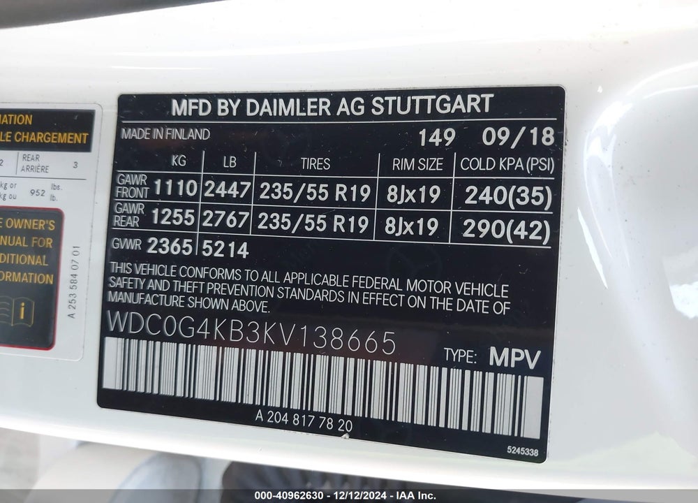 2019 MERCEDES-BENZ GLC 300 4MATIC VIN: WDC0G4KB3KV138665