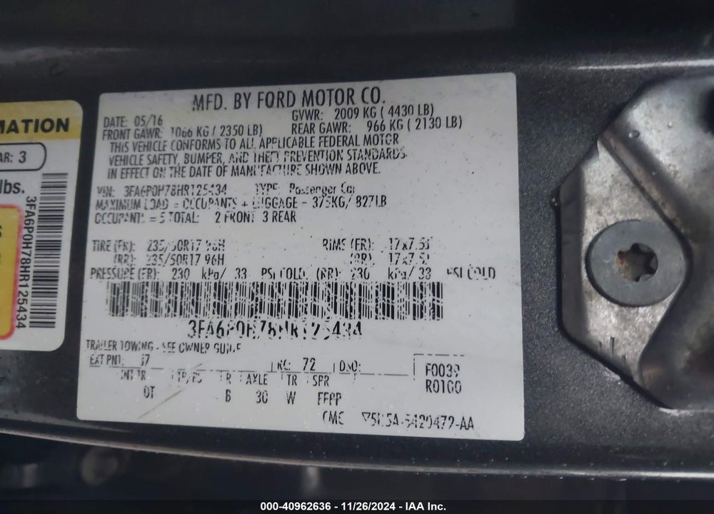 2017 FORD FUSION SE VIN: 3FA6P0H78HR125434