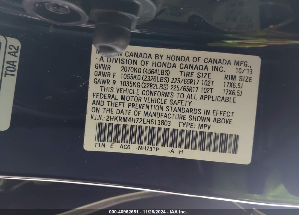 2014 HONDA CR-V EX-L VIN: 2HKRM4H72EH613803