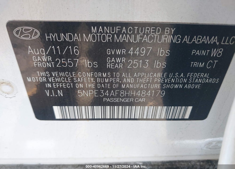 2017 HYUNDAI SONATA SPORT VIN: 5NPE34AF8HH484179