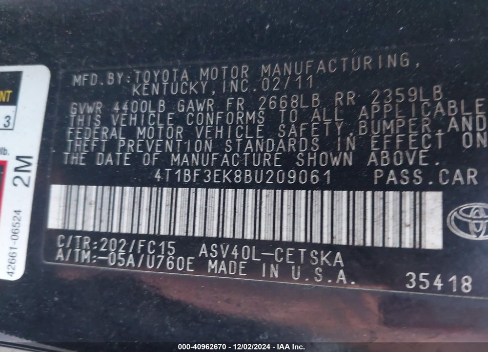 2011 TOYOTA CAMRY SE VIN: 4T1BF3EK8BU209061