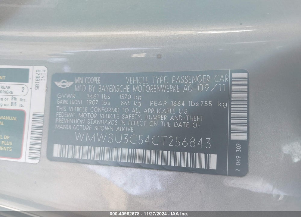 2012 MINI COOPER VIN: WMWSU3C54CT256843