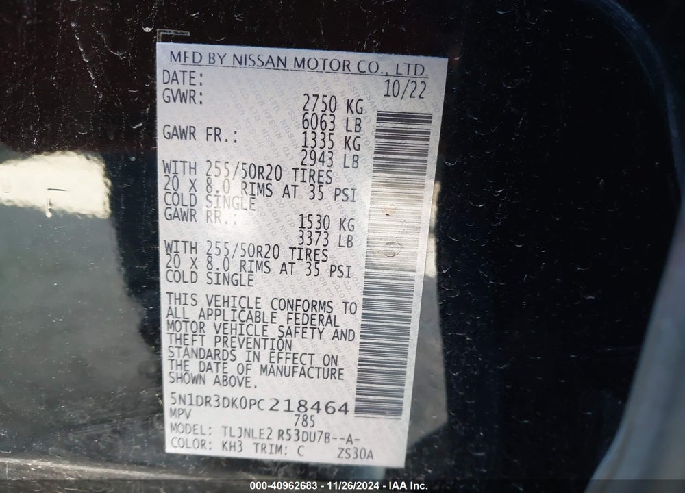 2023 NISSAN PATHFINDER PLATINUM 4WD VIN: 5N1DR3DK0PC218464