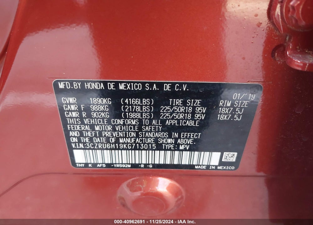 2019 HONDA HR-V SPORT VIN: 3CZRU6H19KG713015
