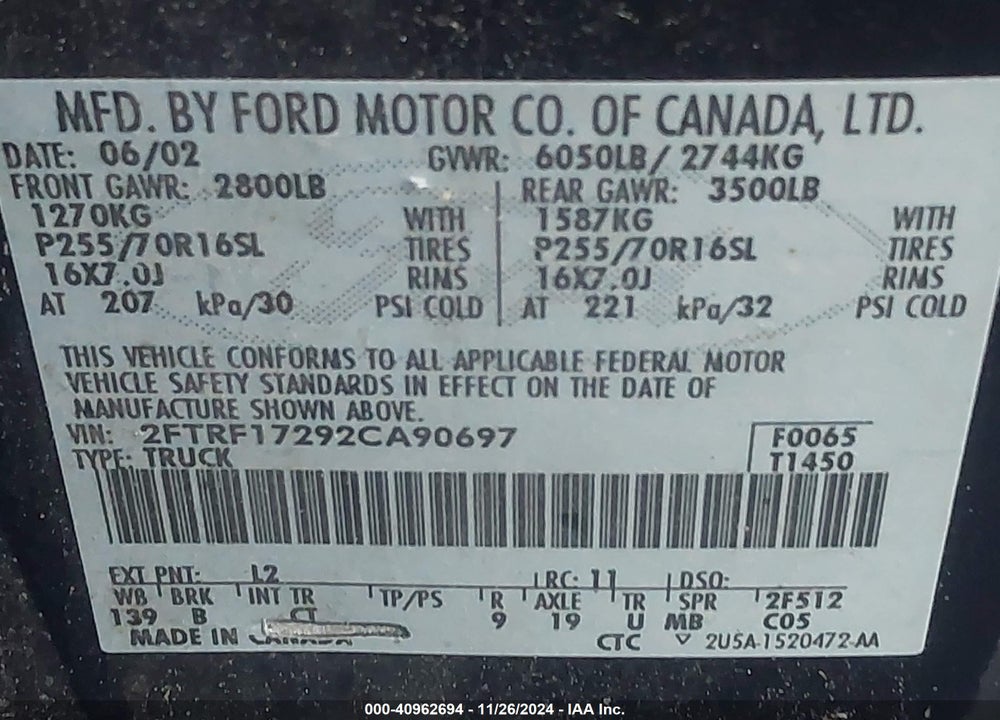 2002 FORD F-150 XL/XLT VIN: 2FTRF17292CA90697