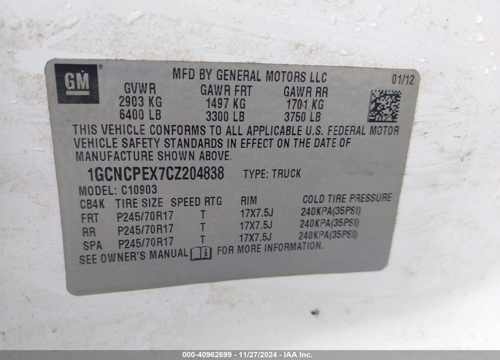 2012 CHEVROLET SILVERADO 1500 WORK TRUCK VIN: 1GCNCPEX7CZ204838