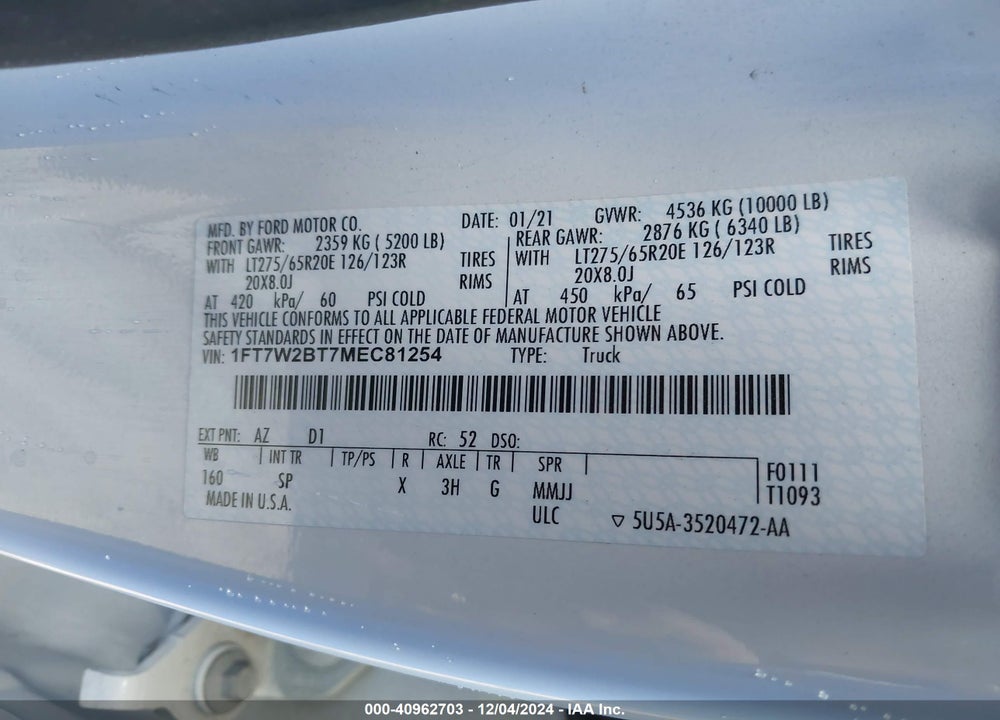 2021 FORD F250 VIN: 1FT7W2BT7MEC81254
