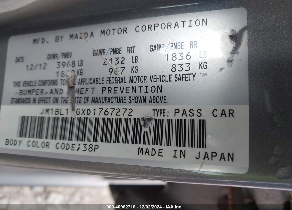 2013 MAZDA 3 I SV VIN: JM1BL1TGXD1767272